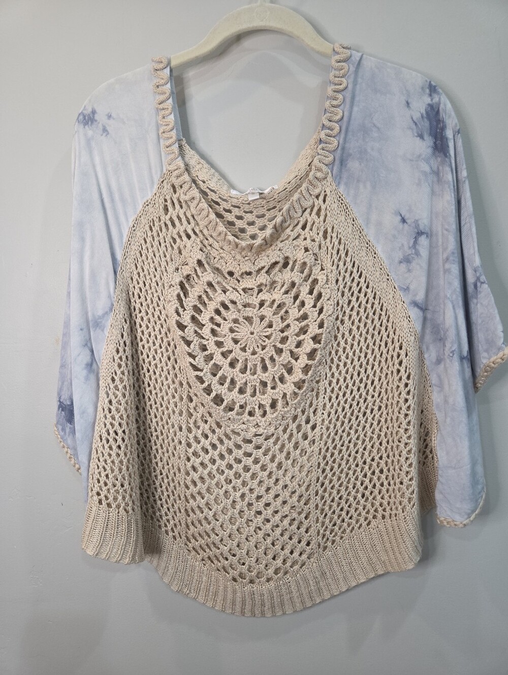 Entro Crochet Batwing Top Size Small Multi Media Blue Cream Summer Boho Hippie